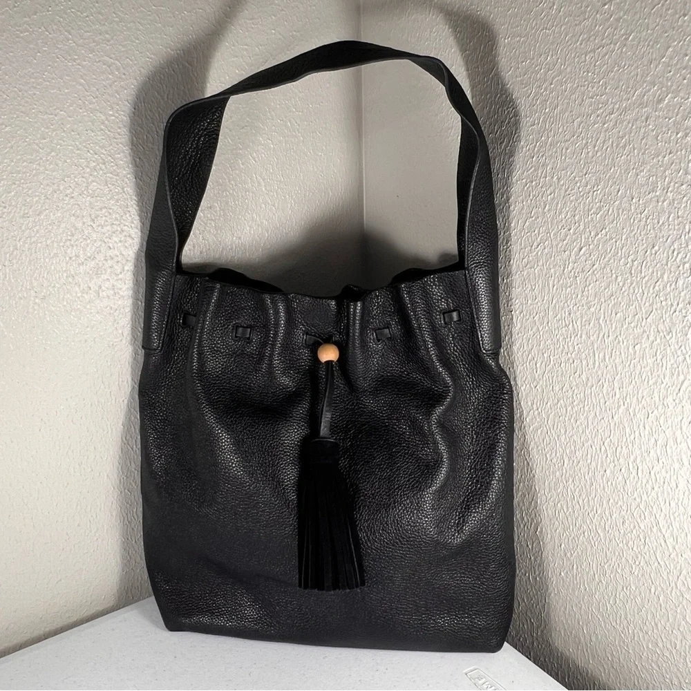 Elizabeth and James Teddy Leather Hobo Handbag Black Drawstring Single Strap
